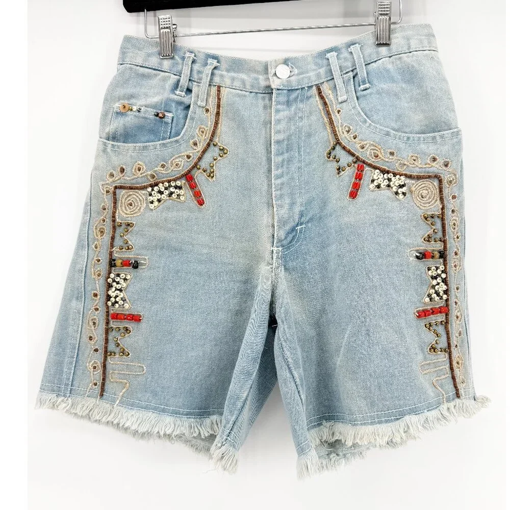 JOU JOU VTG 80s Denim Blue Embellished Long Jean Short 11/12 - Picture 13 of 13